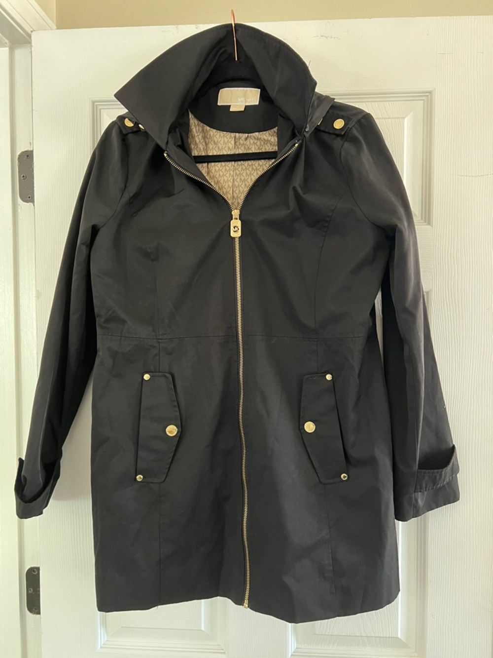 Michael Kors Black Hooded Trench with Gold Hardware